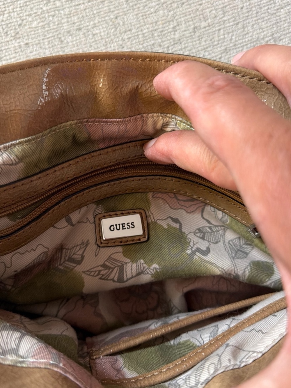 Guess Tan Suede Shoulder Satchel with Cream Trim - Picture 6 of 7